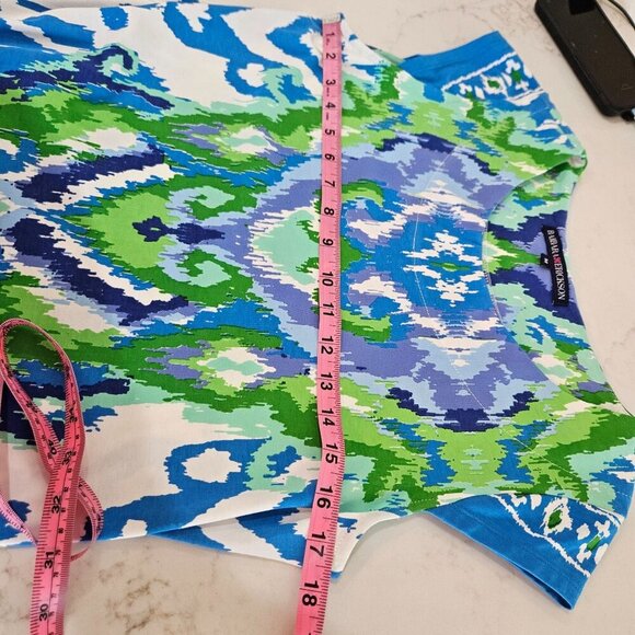 Barbara Erickson Ikat Print Shift Dress Medium Blue Green Tropical Stretch - Picture 5 of 9